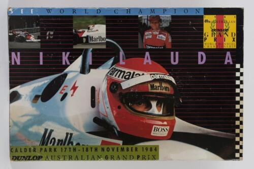 NIKI LAUDA: A mounted 1984 poster for the AGP at Calder Park advertising Niki Lauda, mounted on chipboard, 48 x 73cm