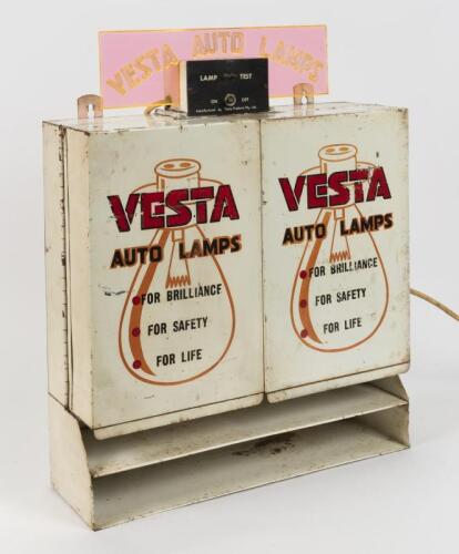 VESTA AUTO LAMPS: A vintage Vesta Auto Lamps point of sale dispenser cupboard, together with a pink acrylic sign, 54cm high, 48cm wide, 15cm deep