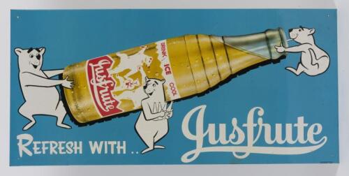 JUSFRUTE: An original Jusfrute "Refresh with ..." tin advertising sign, 36.4 x 77cm