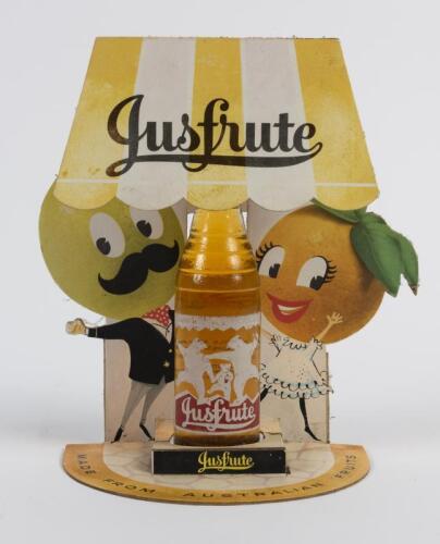 JUSFRUTE: An original circa 1960s Jusfrute cardboard point of advertising sign and bottle, 27cm high