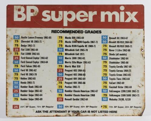 BP SUPERMIX: A BP double sided oil grade chart tin sign, 40.5 x 50.5cm