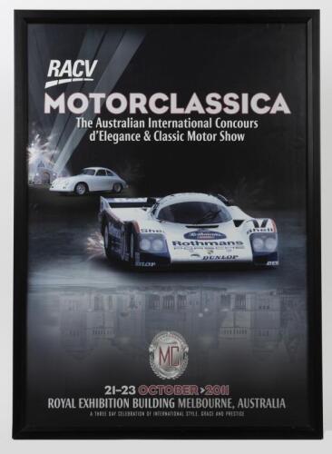 MOTORCLASSICA: A framed poster for the 2011 Motorclassica motor show at the Royal Exhibition Gardens, framed and glazed, 85 x 61cm overall