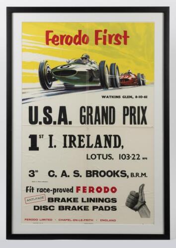 USA GP: An original 1961 advertising poster for Ferodo featuring the Lotus of Innes Ireland, window mounted, framed and glazed, 84.5 x 59cm overall