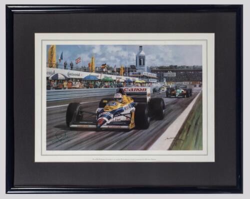 NIGEL MANSELL: A framed photographic print by Michael Turner depicting Nigel Mansell in his 1988 Williams F1 car at Hockenheim, bears the signature Nigel Mansell lower in green texter, 60 x 76cm overall
