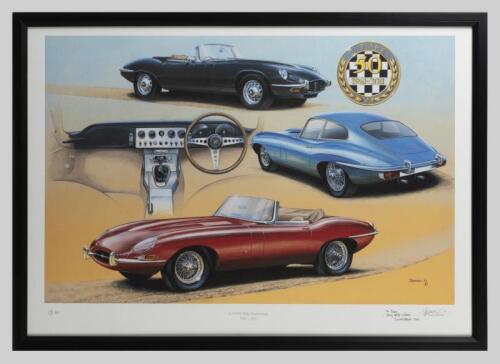 JAGUAR: A limited edition (17/50) framed and glazed photographic print "E-Type 50th Anniversary" by Stuart Spencer, editioned lower left and signed, dated and personalised lower right by the artist, window mounted, framed and glazed, 57 x 80cm overall