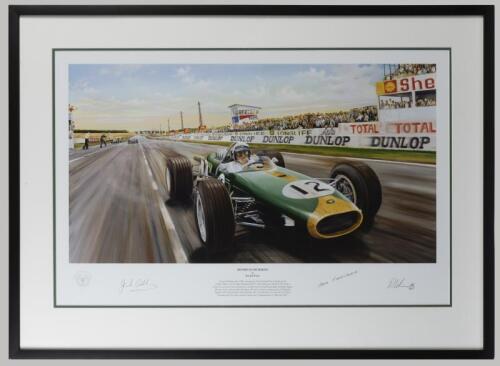 SIR JACK BRABHAM: A limited edition (186/850) framed and glazed photographic print "History in the Making" by Randall Wilson, signed by Brabham & Tauranac