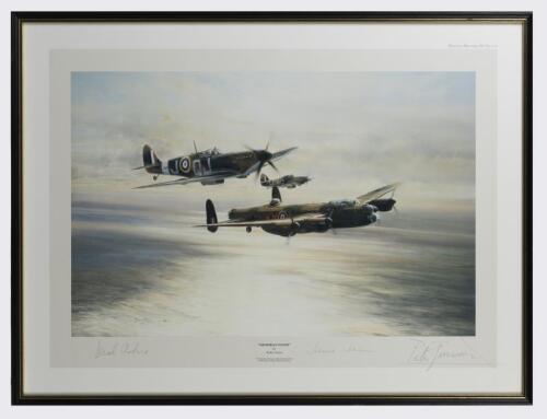 WWII AVIATION: A photographic print 'Memorial Flight' by Robert Taylor, depicting a Spitfire, Hurricane and a Lancaster on the battle of British memorial flight, signed Johnnie Johnson, Pete Townsend and Leonard Cheshire