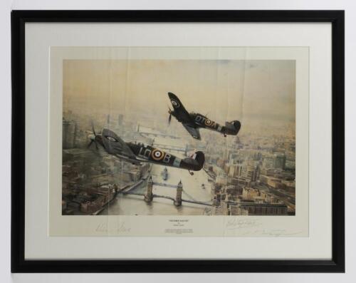SPITFIRE: A photographic print 'Victory Salute' by Robert Taylor, depicting a Spitfire Vb and a Hurricane He on the 40th anniversary of VE Day