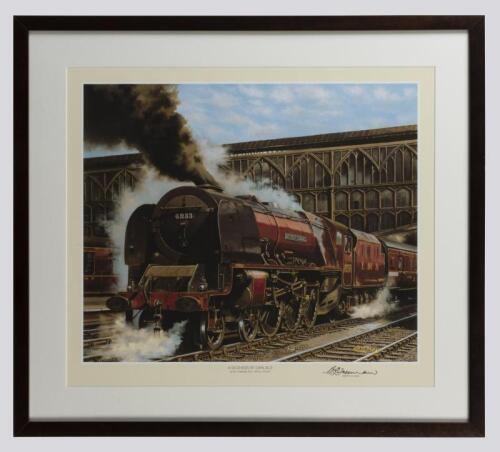 LOCOMOTIVES: A framed reproduction print of the Duchess of Sutherland at Carlisle by Barry J. Freeman, signed lower right by the artist, 41 x 54cm