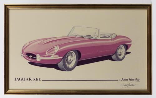 JAGUAR: A framed and glazed photographic print of a Jaguar XKE as drawn by John Hostler, bears the artist signature lower right, 39 x 64cm