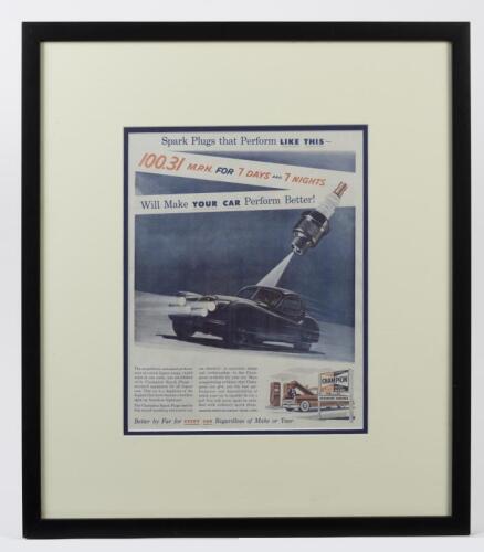 CHAMPION: A framed magazine advertisement for Champion spark plugs, window mounted, 55.5 x 48.5cm