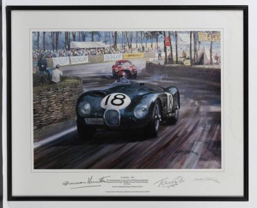 TONY ROLT/DUNCAN HAMILTON: A limited edition (399/850) framed and glazed photographic print "Le Mans - 1953" by Michael Turner, signed by Hamilton & Rolt