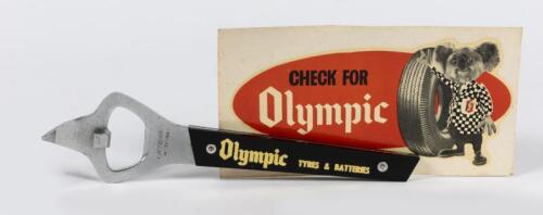 OLYMPIC: An Olympic tyres branded bottle opener and unused 'Check for Olympic' sticker.
