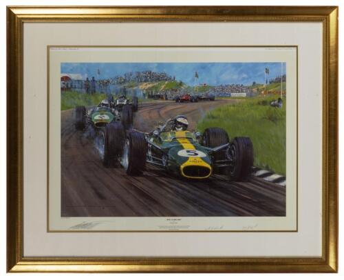 JIM CLARKE: A limited edition print (225/850) by Nicholas Watts titled "Jim Clarke OBE", signed in pencil by Keith Duckworth, Dick Scammell and the artist