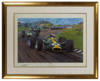JIM CLARKE: A limited edition print (225/850) by Nicholas Watts titled "Jim Clarke OBE", signed in pencil by Keith Duckworth, Dick Scammell and the artist