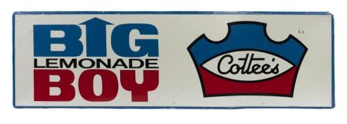 COTTEE'S: A large original 'Cottees Big Boy Lemonade' tin sign with angled edges, printed by Standard Industries Pty Ltd Sydney, 45.5cm high, 161.5cm wide.