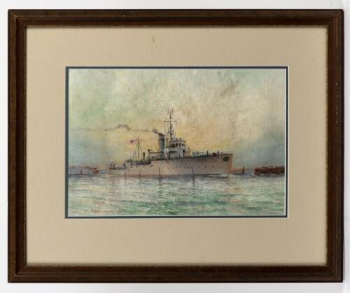 HAROLD DALTON (HARRY) HALL (British, Australian, 1881-1946), Battleship (Untitled), oil on canvas, image size 24 x 35.5cm, frame size 45 x 56cm