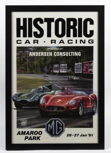 MASERATI: A decorative and rare event poster from Amaroo Park featuring&nbsp;a painting by S McNeill featuring Maserati and Jaguar, framed, 70 x 48cm