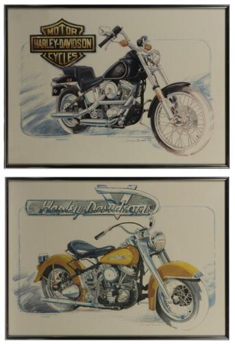 HARLEY DAVIDSON: Two reproduction prints of drawings by DC Baker of Harley Davidsons, "Panhead" and "Blockhead", each 47 x 65cm overall