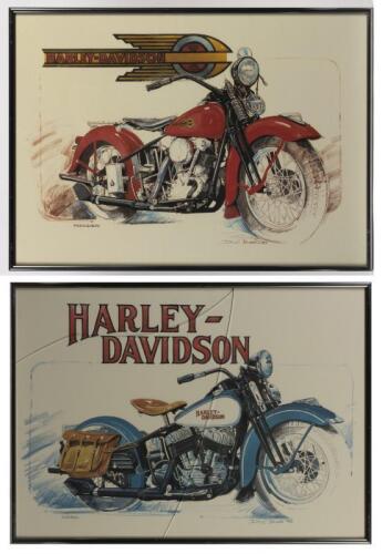 HARLEY DAVIDSON: Two reproduction prints of drawings by DC Baker of Harley Davidsons, "Flathead" and "Knucklehead", glass cracked to one, each 47 x 65cm overall