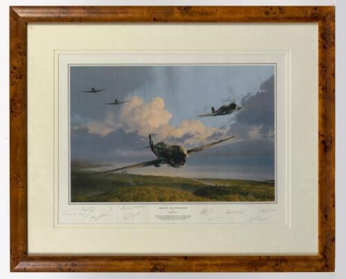 RAAF: A framed print by Robert Taylor titled&nbsp;"Milne Bay - The Turning Point" with 9&nbsp;pilots signatures and featuring RAAF Kittyhawk&nbsp;'Polly' now in the Australian War Memoral Canberra