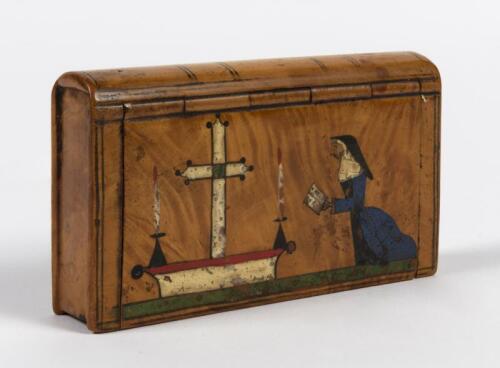BOX: A vintage carved burl wood book form lidded box with painted religious scene, 9.5cm wide