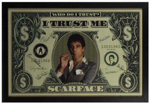 SCARFACE: A signed Scarface "Who Do I Trust" poster signed by Al Pacino, Michelle Pfeiffer, Steven Bauer, Mary Mastrantonio, Robert Loggia and Harris Yulin, window framed, 47.5 x 108.5cm