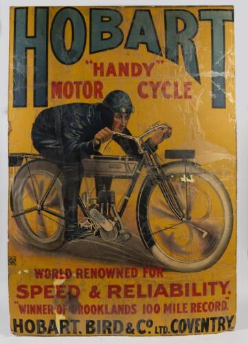 An impressive Hobart "Handy" Motor Cycle poster laid down on foam core board and covered by contact wrap, marked P&S Leeds Ltd, the poster possibly original and shows signs of restoration, contact wrap has come away from the poster throughout, 139 x 95cm