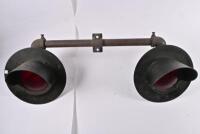 RAILWAY: A pair of red sealed beam railway crossing lamps with mounting bracket - 7