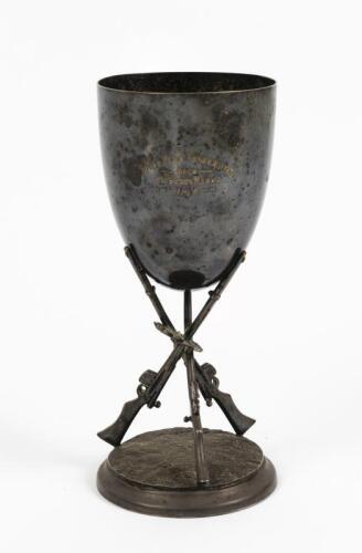 SHOOTING TROPHY: A circa 1910s silverplate shooting trophy, engraved "INTER CLUB TEAMS MATCH, HELD, MORGANS RANGE / 20/4/19", 22cm high