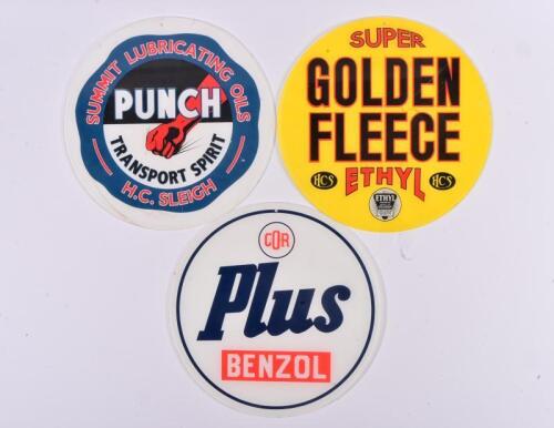 GOLDEN FLEECE/ HC SLEIGH/COR: Three reproduction perspex signs, 38cm diameter