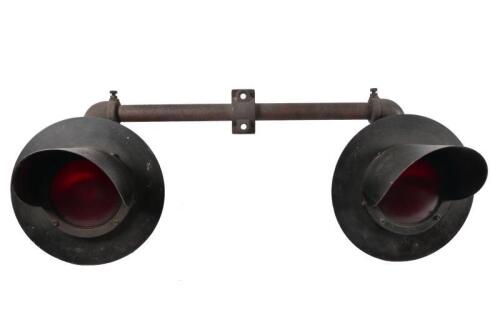 RAILWAY: A pair of red sealed beam railway crossing lamps with mounting bracket