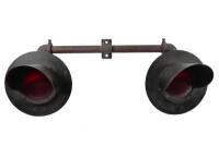 RAILWAY: A pair of red sealed beam railway crossing lamps with mounting bracket