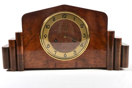 MANTLE CLOCK: A German flame mahogany Art Deco mantel clock by Junghans, 23cm high (Updated Photos & Text)