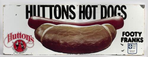 VFL: A Hutton Hot Dogs oval side tin advertising sign with VFL badge to the lower right, 60 x 179