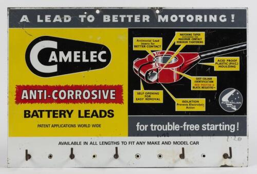 CAMELEC: A Camelec point of sale tin sign and hooks, 30.5 x 46cm