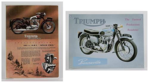 TRIUMPH: Two reproduction printed signs featuring Triumph motorcycles, 40 x 29cm and 30 x 41cm