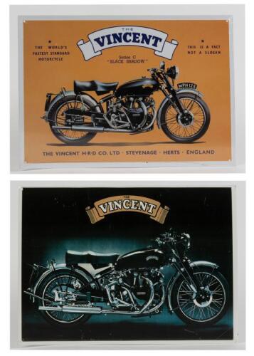 VINCENT: Two reproduction printed signs featuring Vincent motorcycles, 29 x 40.5cm and 28 x 40cm