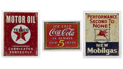 MOBILGAS/TEXACO/COCA COLA: Three reproduction printed tin signs, 38cm diameter