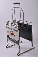 MOBILOIL: A nice early double sided Mobil Oil 'Gargoyle' 6-bottle garage rack set with bottles and pourers - 36