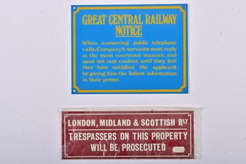 RAILWAY PLAQUES: Two reproduction tin railway plaques, largest 29cm high, 24.5cm wide by D.P.S Lancashire