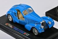 BUGATTI: Two Bugatti models of vary scales including 1:24 Bugatti Atlantic 1936, blue, Bburago, raised on a plastic base and Bugatti LPG 211, blue, raised on a wooden base, Not box - 2