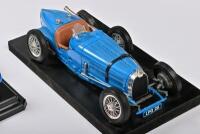 BUGATTI: Two Bugatti models of vary scales including 1:24 Bugatti Atlantic 1936, blue, Bburago, raised on a plastic base and Bugatti LPG 211, blue, raised on a wooden base, Not box - 3