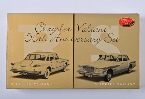 VALIANT: A set of two 1:43 scale Trax Chrysler Valiant R & S Series, 50th Anniversary, gold, TRG35S, in fitted box