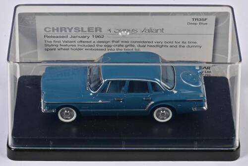 CHRYSLER: A 1:43 scale Trax Chrysler R series Valiant in 1962, deep blue, TR35F, in perspex case