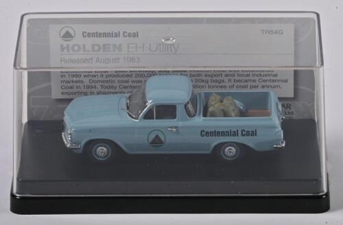 HOLDEN: A 1:43 scale Trax Holden EH Utility in 1963, light blue, centennial coal 20th birthday anniversary, TR54G, in perspex case