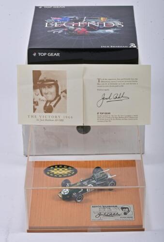 REPCO BRABHAM: A 1:43 scale limited edition "Legends" BT19 V8 model by Top Gear, winner of 1966 World Formula 1 Championship, metal plaque hand signed by Jack Brabham, numbered 392/1000, in original box with a signed pamphlet