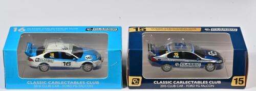 FALCON: A two 1:43 scale Classic Carlectables Ford FG Falcon in 2015 Club Car, #15 and 2016 Club Car, #16, in fitted box