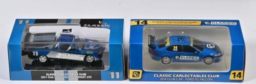 FALCON: A two 1:43 scale Classic Carlectables Ford FG Falcon in 2015 Club Car, #15 and 2016 Club Car, #16, in fitted box