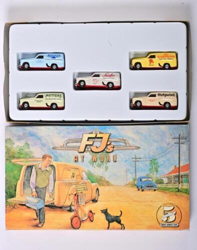 COMMERCIAL VEHICLES: A set of five 1:64 scale TopGear COMMERCIAL vehicles Holden FJ in early 50's as Malleys/Simpson/Luxaflex/Metters/Hotpoint, FJ's at work, TGS01, in fitted box